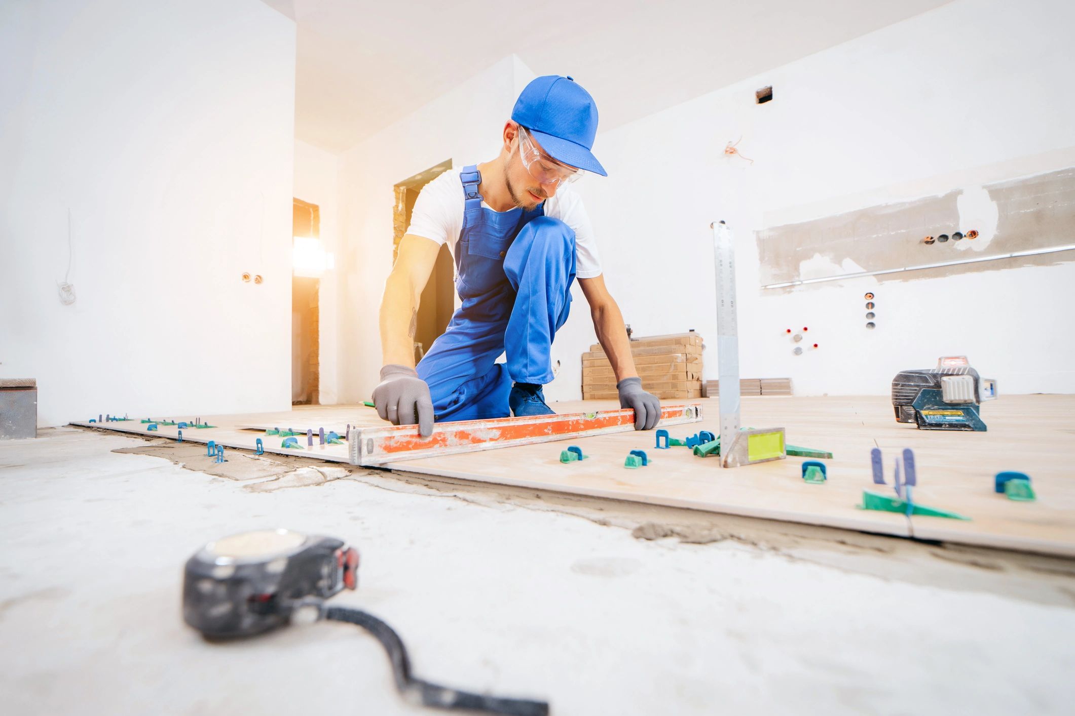 Reference photograph of a tradesperson installing interior flooring