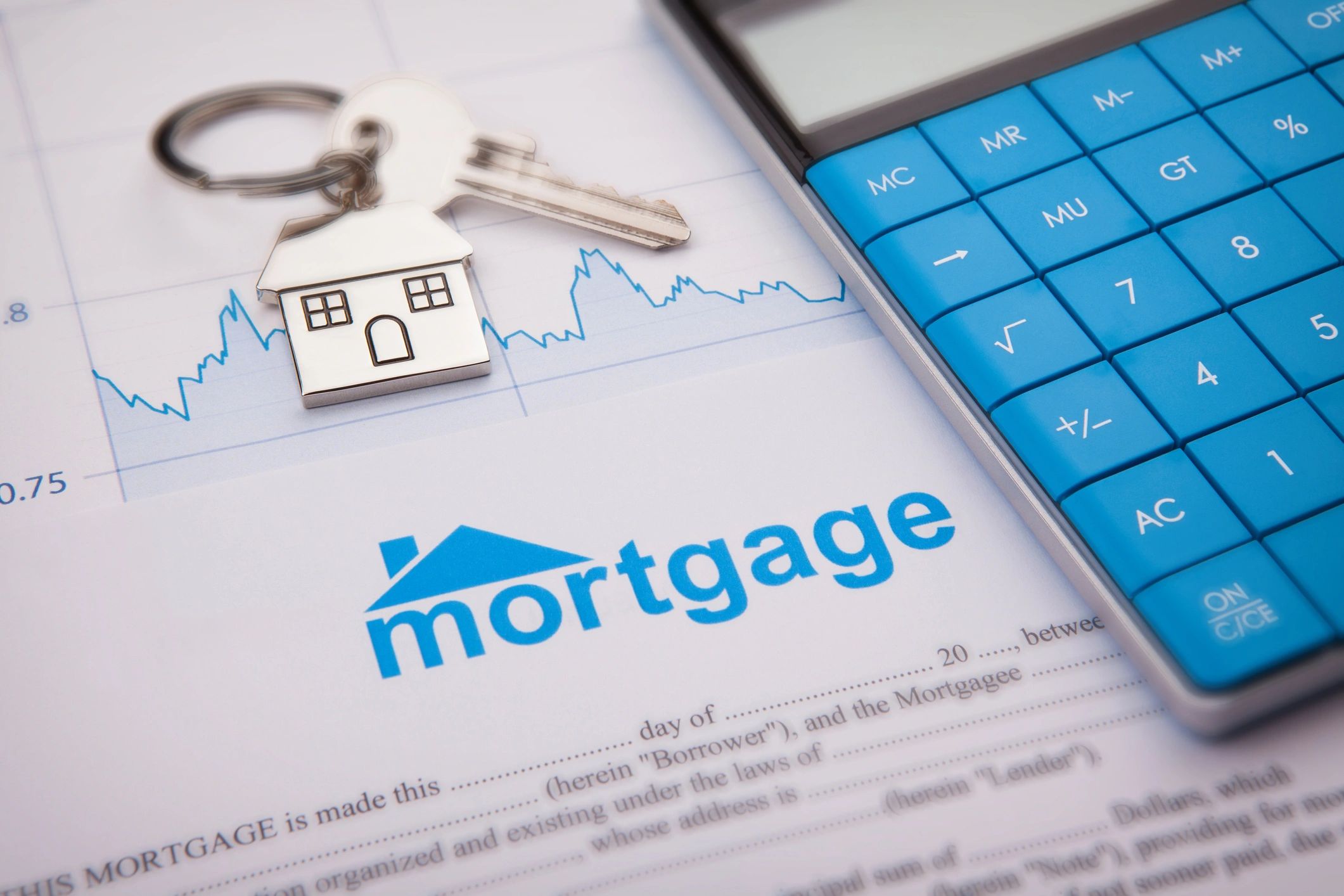Reference photograph of home keys, mortgage paperwork, and a calculator